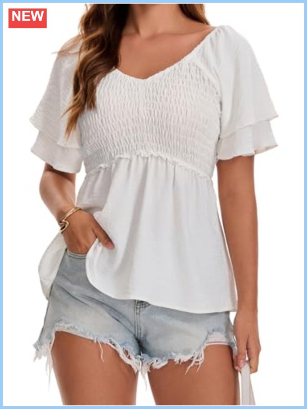 Women's Peplum Top Smocked Ruffle Short Sleeve V Neck Babydoll Blouse